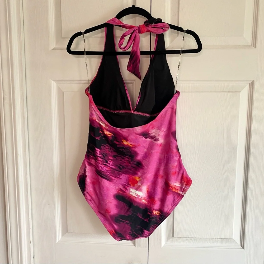 DKNY halter one piece swimsuit pink print LARGE‎ - Picture 3 of 4
